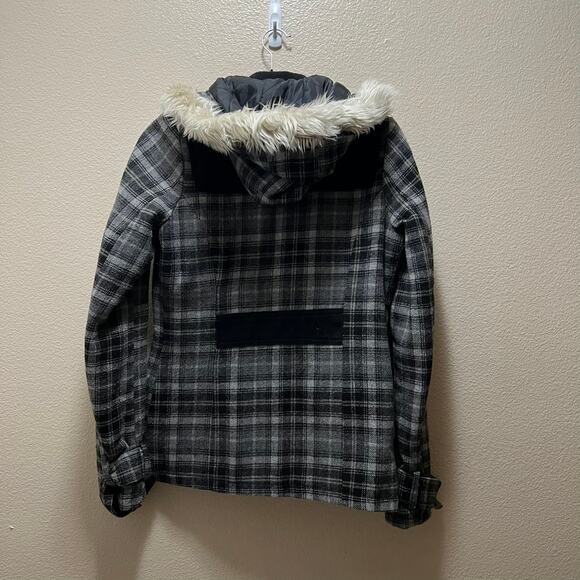 Billabong Coat Black Gray Plaid Wool Blend Faux Fur Hooded Jacket Sz S - Picture 3 of 12